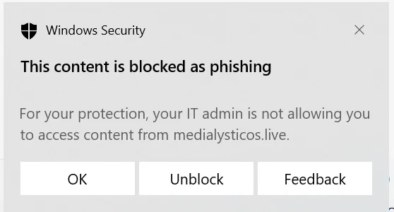 Windows Security notification. The heading says "This content is blocked as phishing".