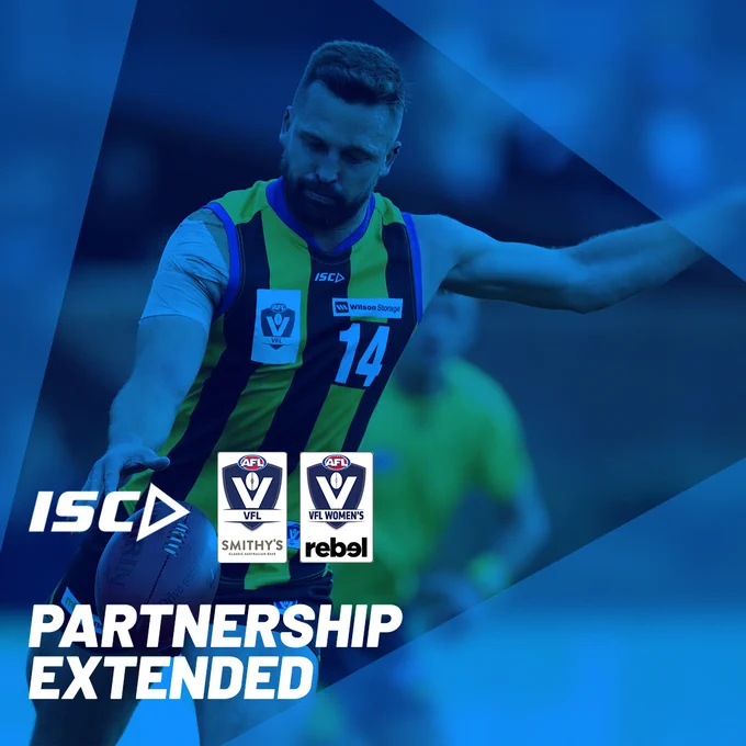 ISC Sport and VFL partnership extended text. A male Aussie Rules player kicking a football in the background.