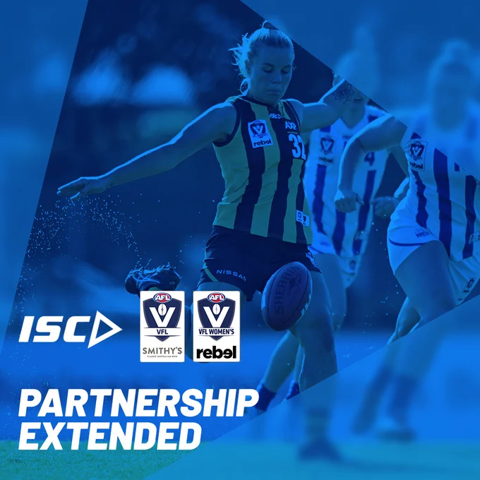 ISC Sport and VFL partnership extended text. A female Aussie Rules player kicking a football in the background.