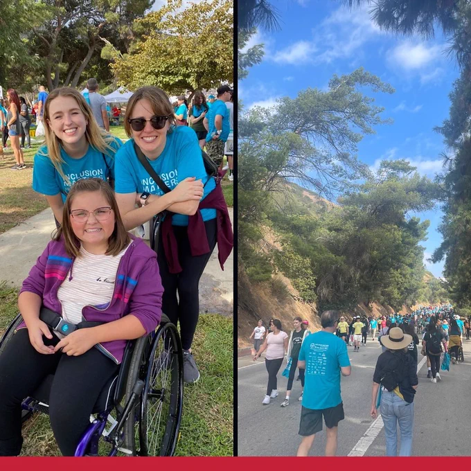 Collage of two images side by side. Image on the left is of Skyler DeYoung, Katie McGrath, & Scarlett Ferguson. Scarlett is in her wheelchair wearing black pants, a striped t-shirt and purple zip up jacket, Skyler and Katie are both in blue t-shirts that read “Inclusion Matters”, leaning down smiling with Scarlett. Image on the right is of a walking trail with a mass group of people walking up a slight incline. Surrounded by a mountain and trees.