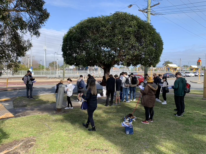 A group of planning students, under a tree, conducting an assessment of the street.