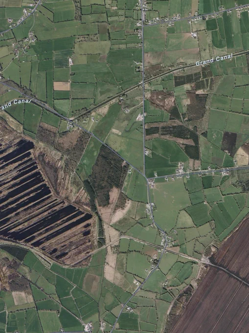 an aerial view from the midlands, showing green intensively managed fields, dark green plantations of North American conifers, and brown cutover bogs. there is little or no high-quality wildlife habitat left here