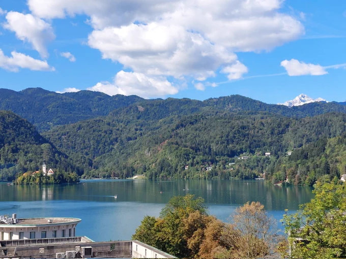 View on lake Bled with island from the conference room at Hotel Lovec