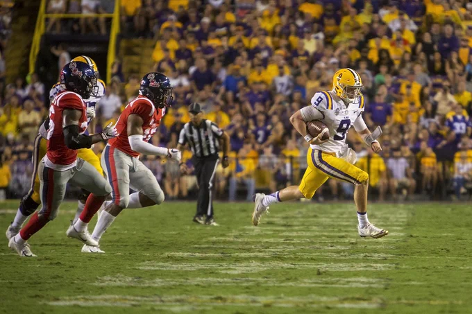 LSU Quarterback Joe Burrow rushes down field. Photo: LSU