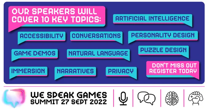 Social media card displaying a list of the 10 key topics our speakers will cover: accessibility, conversations, artificial intelligence, personality design, natural language, game demos, puzzle design, narratives, privacy and immersion.