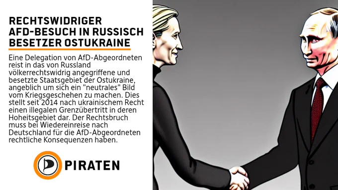 !B Text: Rechtswidriger AfD-Besuch in russisch besetzter Ostukraine: Eine Delegation von AfD-Abgeordneten reist in das von Russland völkerrechtswidrig angegriffene und besetzte Staatsgebiet der Ostukraine, angeblich um sich ein "neutrales" Bild vom Kriegsgeschehen zu machen. Dies stellt seit 2014 nach ukrainischem Recht einen illegalen Grenzübertritt in deren Hoheitsgebiet dar. Der Rechtsbruch muss bei Wiedereinreise nach Deutschland für die AfD-Abgeordneten rechtliche Konsequenzen haben. Symbolbild: Handschlag zwischen Alice Weidel und Putin