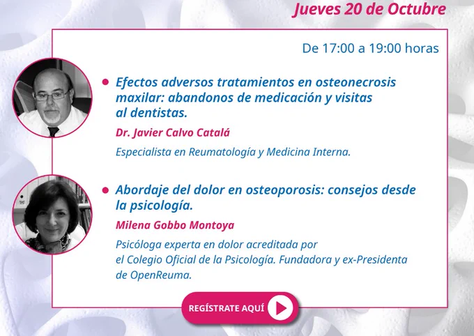 Imagen del Dr. Javier Calvo y de Milena Gobbo. Cartel informativo sobre la jornada de Osteoporosis en enfermería
