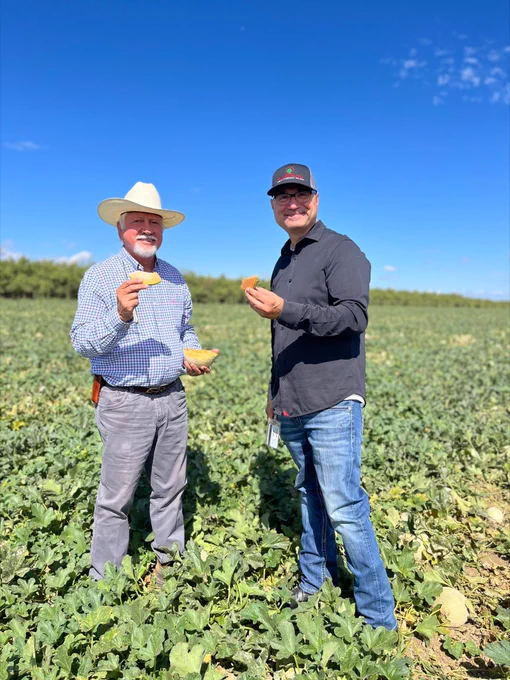 Two men holding pieces of cantaloupe and smiling at the camera. They are standing in a field of melon plants.