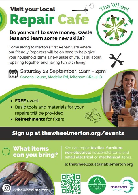 The Wheel is launching Merton's first repair cafe! Join the event! Reduce waste by learning how to repair your broken items for free!
