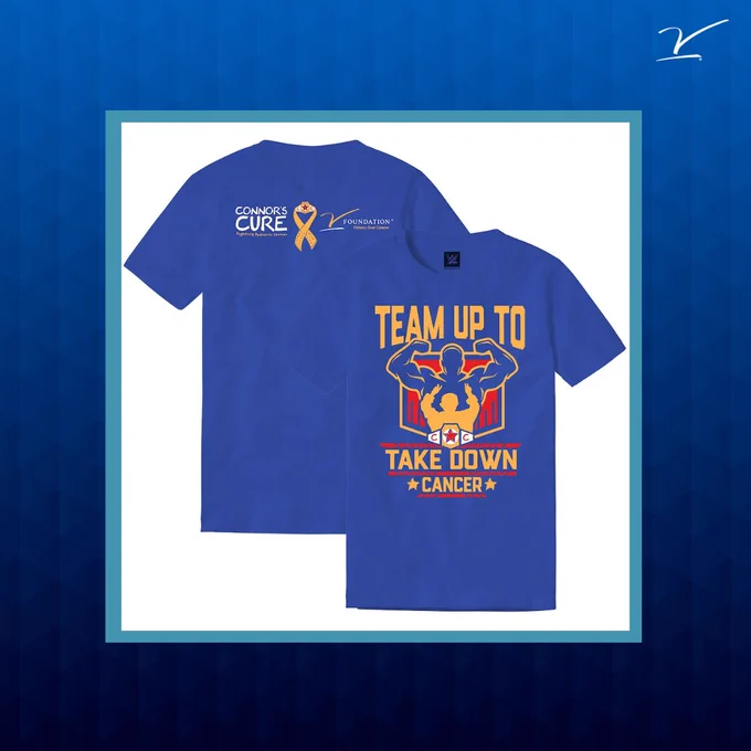 Ombre blue background with image of blue, gold, and red Connor's Cure T-Shirt.