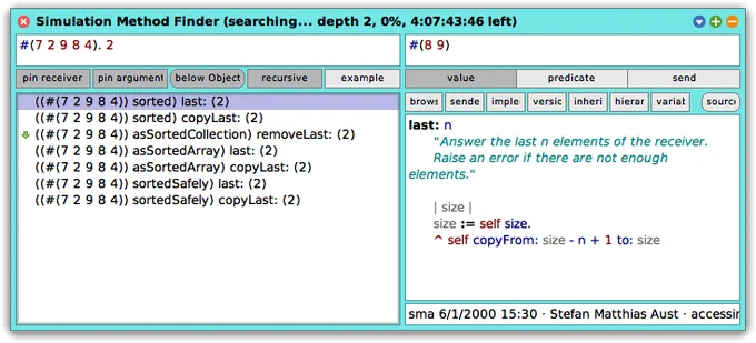 A screenshot of the Simulation Method Finder. The user has entered the inputs #(7 2 9 8 4) and 2, the expected output is #(8 9), and has enabled the recursive search mode. The tool has reported several matches, including ((#(7 2 9 8 4)) sorted) last: (2) and ((#(7 2 9 8 4)) asSortedCollection) removeLast: (2).