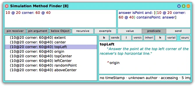 A screenshot of the Simulation Method Finder. The user has entered the input (10 @ 20 corner: 60 @ 40) and the output predicate (answer isPoint and: [(10 @ 20 corner: 60 @ 40) containsPoint: answer]). The tool has reported several matches, including the selectors, #extent, #center, #randomPoint, etc.