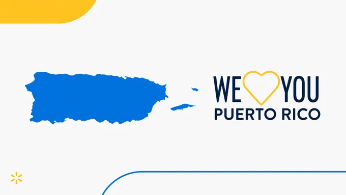 White background with blue shape of the territory of Puerto Rico next to the words "We (heart) you Puerto Rico."