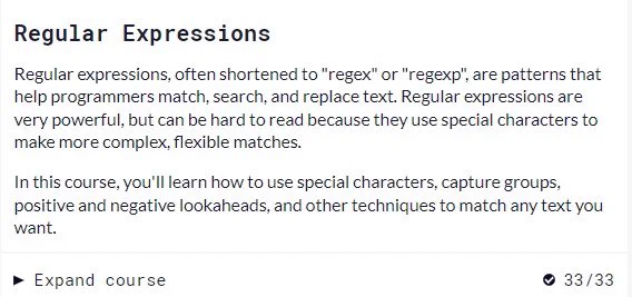 Screenshot of freecodecamp's Regular Expression completed course section