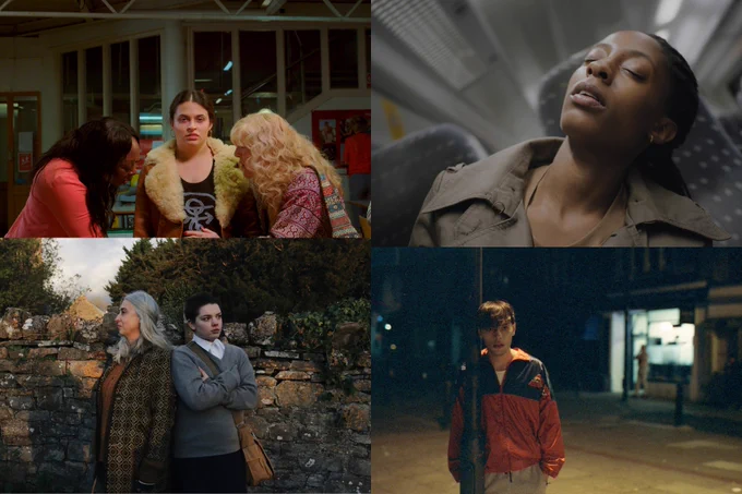 a quad of four film stills from BFI network south west short films. to intrigue about the film programme and give a view of the stories. clockwise from top left: two women rub a pregnant woman's belly, a woman falls over as she falls asleep on a train, a man creeps by a streetlight at night, and a school girl and old woman stand back to back on a country path