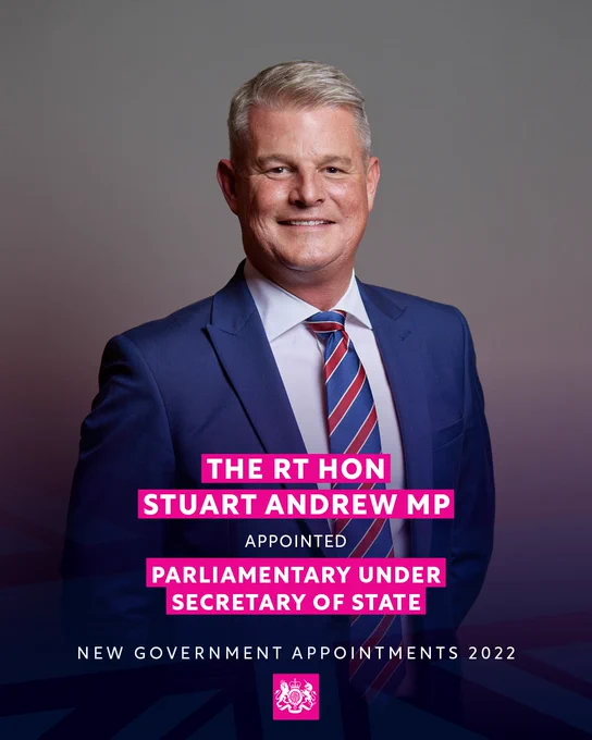 A photo of the Right Honourable Stuart Andrew MP

The text on the asset reads

"The RT Hon Stuart Andrew MP appointed Parliamentary Under Secretary of State

New government appointments 2022"