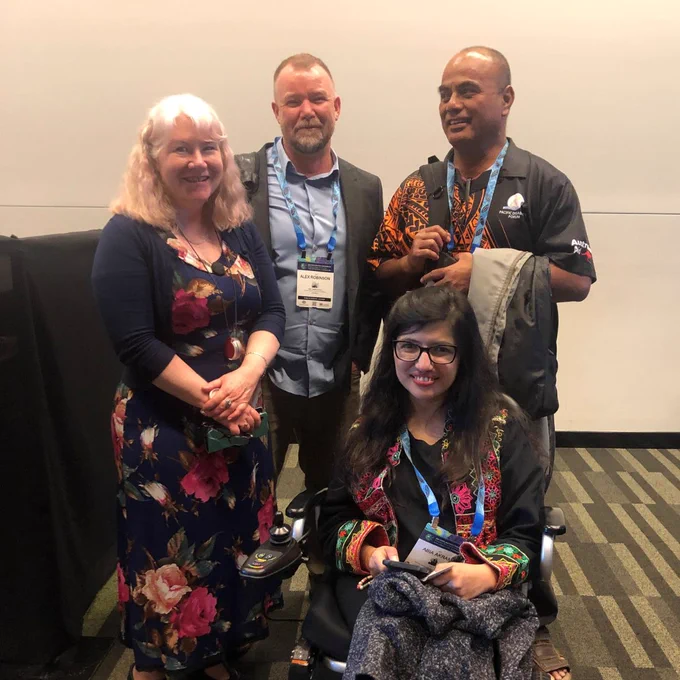 PWDA Senior Policy Officer Samantha French smiling with Alex Robinson from the Nossal Institute, Abia Akram from the regional DPO network Asia-Pacific Women with Disabilities, and Kata Tswana from the DPO regional network of the Pacific Disability Forum Disaster Preparedness Unit. 