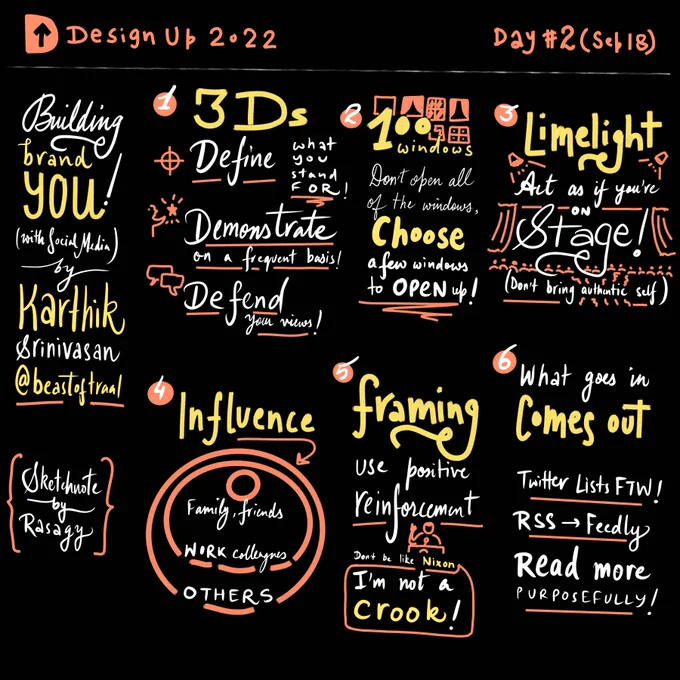 Sketchnotes from Karthik’s talk on Personal Branding, reminding to focus on defining what you stand for, being conscious to only talk about that on Social Media, and always acting as if you’re on stage.