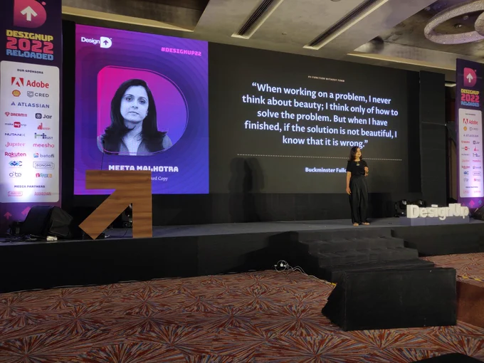 Meeta quoting Buckminster Fuller on how problem solving must also be beautiful.