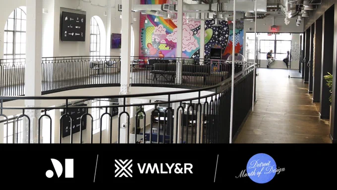 Image of the WPP Detroit Campus with the Makerhouse logo, VMLY&R logo and Detroit Month of Design logo
