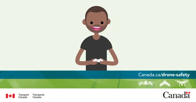 Cartoon man with drone remote control in hands. 