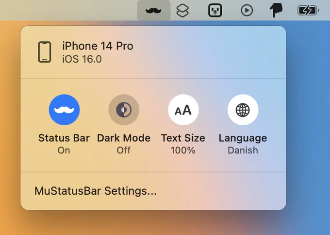 Screenshot of MuStatusBar running as a menu bar app. It shows the user has a single iPhone open.