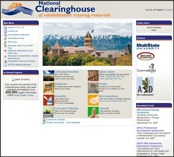 A previous National Clearinghouse of Rehabilitation Training Materials (NCRTM) website, as it looked in 2007. The NCRTM logo is an orange colored building on top of a blue colored open book.
