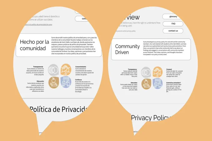 screenshots of the suma platform privacy policy's Spanish and English landing pages, cropped to speech bubble shapes