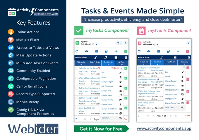 Activity (myTasks & myEvents) Components for Salesforce by Webider - Product Features 
