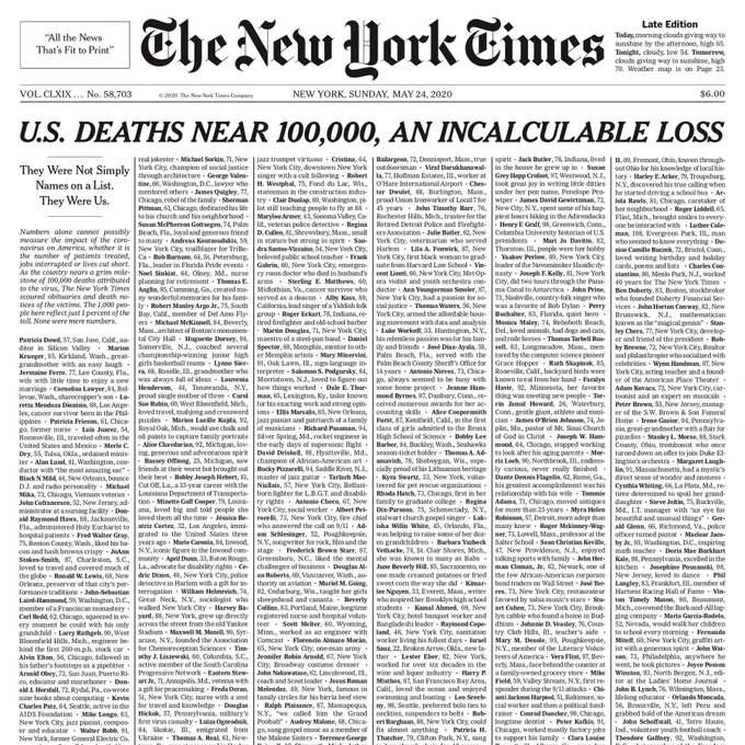 New York Times headline on May 24, 2020: U.S. DEATHS NEAR 100,000, AN INCALCULABLE LOSS