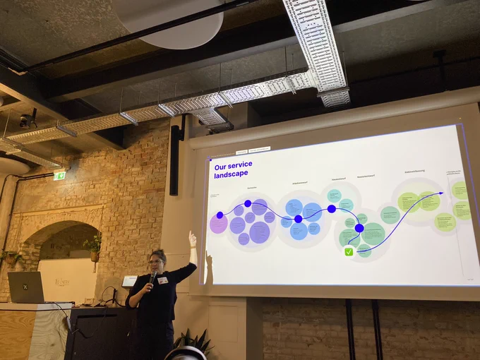 A young woman with glasses and a bun points at a projected series of colourful bubbles with the words ‘our service landscape’ as the title