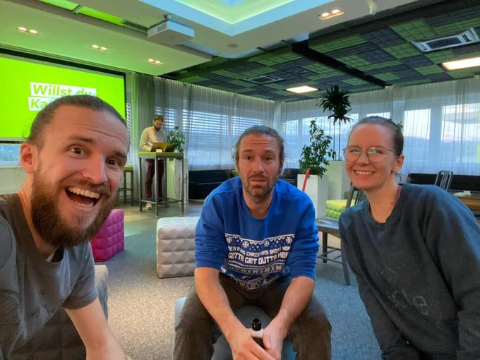 Felix, Dominik and Lara at the Stahlstadt.js meetup.