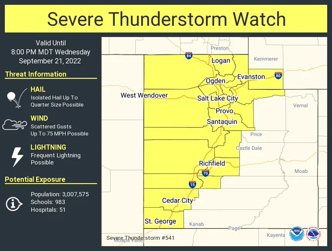 This graphic displays Severe Thunderstorm watch number 541 plotted on a map. The watch is in effect until 8:00 PM MDT. The watch includes parts of Utah and Wyoming. The threats associated with this watch are no tornadoes expected, isolated hail up to quarter size possible and scattered gusts up to 75 mph possible. There are 3,007,575 people in the watch along with 983 schools and 51 hospitals.