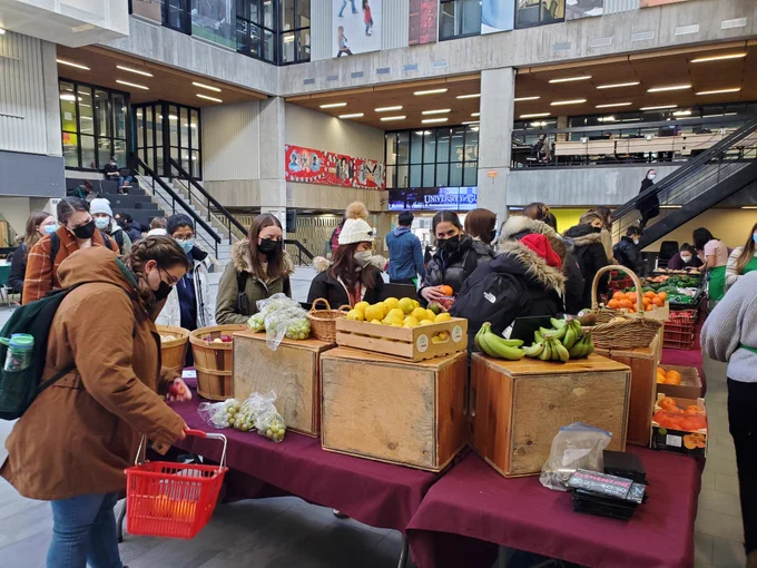 Students in winter jackets select fruit and vegetables in a market.