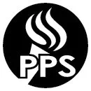 black and white portland public schools logo with a torch and the letters PPS