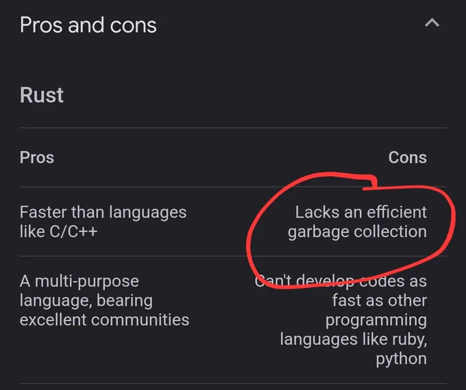 Google classifying rust's lack of an "efficient" garbage collector a con
