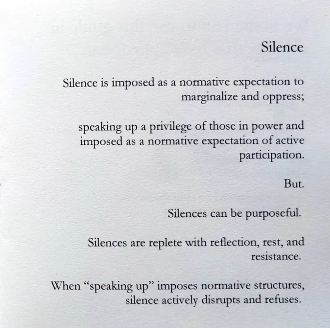 Text only; black serif font, white paper background, right-justified, with the word 'Silence' as the title, and open space below each sentence.