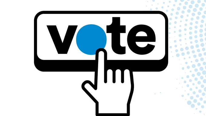 A hand with the index finger touching a 'vote' button.