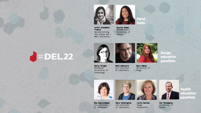 Image with DEL22 logo and also the photos of the panel hosts, design and health educator panellists. 