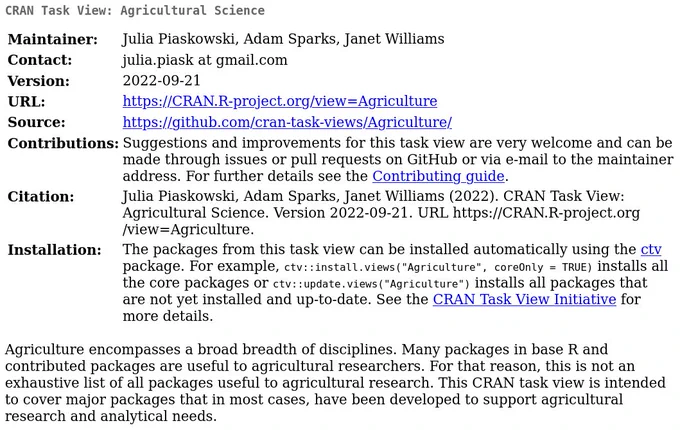 Screenshot of the CRAN Task View "Agriculture" from https://CRAN.R-project.org/view=Agriculture