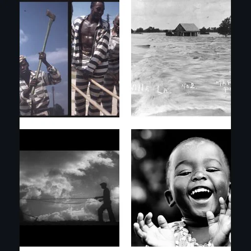 A four panel collage of photos. Starting in the upper left: two Black men in prison garb working outdoors; a river flooding a small wooden house in the distance; a small Black child smiling joyously with hands in front at shoulder level; and the silhouette  of a man on a hill walking from right to left atop a hill while holding reins with dramatic clouds in the background.