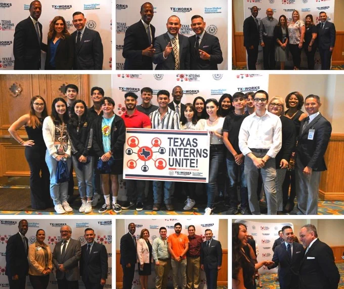 Photos of Texas Workforce Commissioners Aaron Demerson and Julian Alvarez at the Texas Interns Unite event. Photos contain the Commissioners, partners, and the interns who attended the event. Centerpiece photo is a group shot of the interns in attendance holding the Texas Interns Unite logo. 