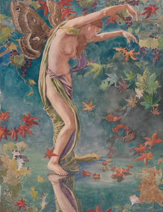 An allegorical semi-nude female figure wearing a loose garment stands on water, her reflection visible on the surface. She scatters and sprinkles multicolored leaves onto the water and surface, as they twirl in the wind around her.