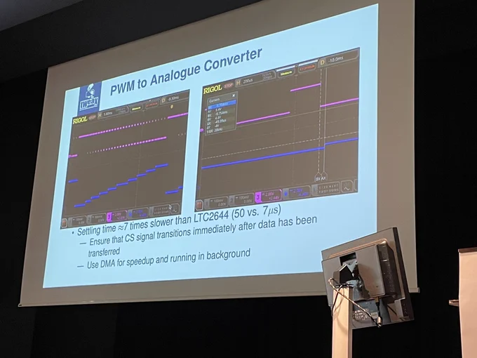 Slide showing performance of a PWM to Analogue Converter made with the RP 2040.