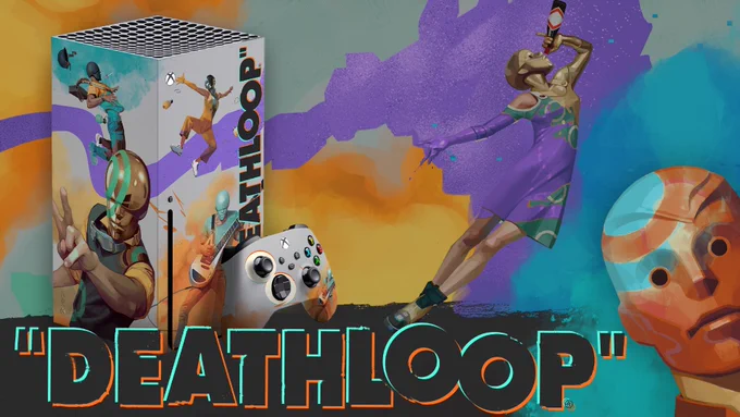 A mockup of a groovy, colorful Xbox Series X with the DEATHLOOP logo on it, covered in and surrounded by equally colorful and groovy Eternalists.