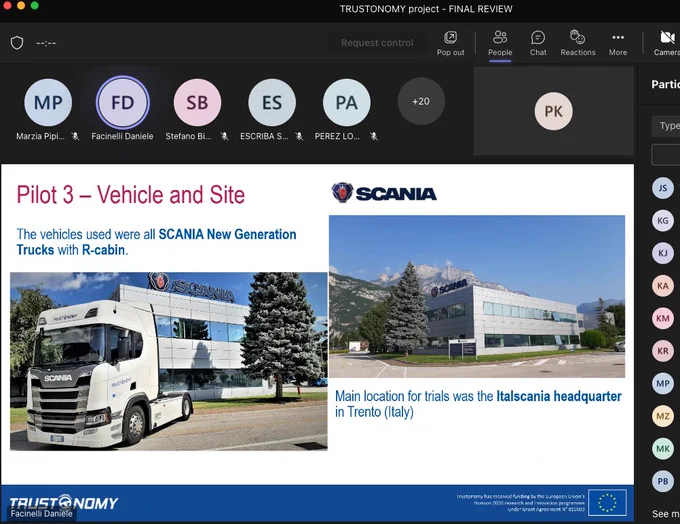 A screenshot showing: "Pilot 3 - Vehicle and Site" with two photos of Scania trucks and Scania's headquarter building.