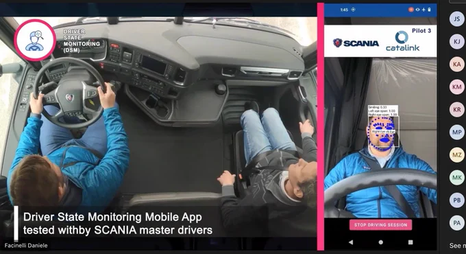 A screenshot showing Pilot 3 where IRIS (Driver State Monitoring Mobile Application developed by Catalink Ltd) was tested by Scania.