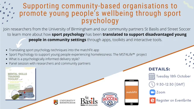 Alt-text: Poster advertising free webinar on how sport psychology can support community-based organisations to promote young people's wellbeing through sport. The poster provides details on the webinar including that it will be held on Tuesday, 18th October from 9:30-12:30 GMT on Zoom and registration is via Eventbrite. 