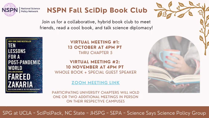 Infographic about NSPN Diplomacy Book Club. October 13 through Chapter 5. November 10 whole book and guest speaker.