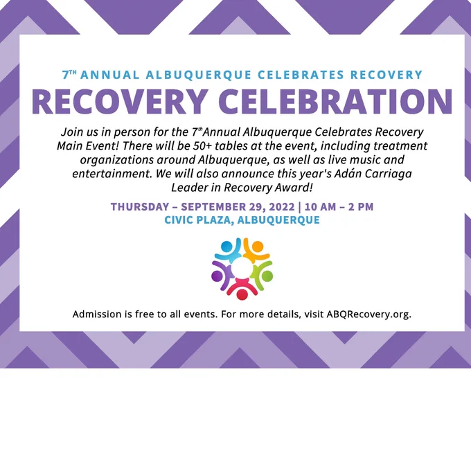 Invitation to the Albuquerque Celebrates Recovery event on the Civic Plaza in downtown Albuquerque.  Come join us on September 29, 2022 from 10am to 2pm!